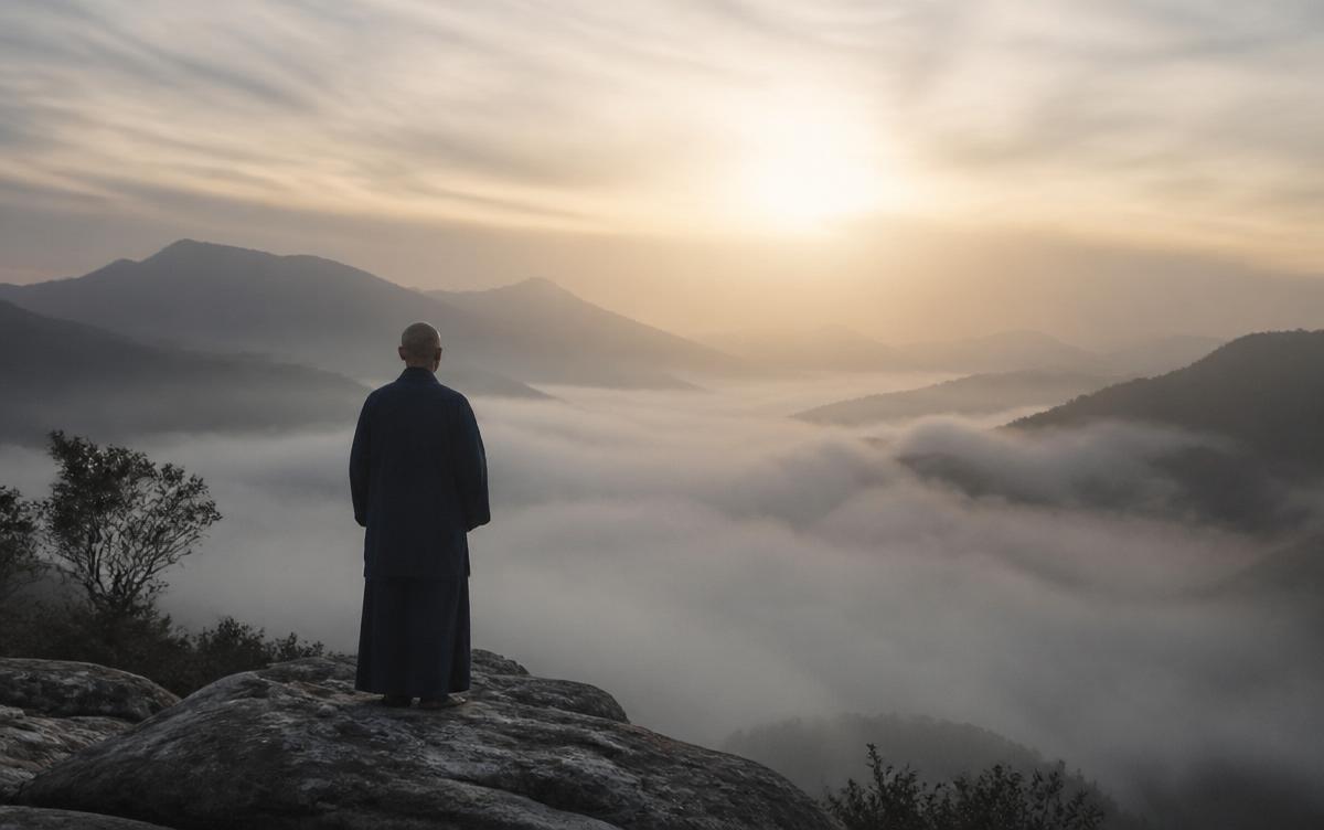 Figura contemplando un paisaje montañoso